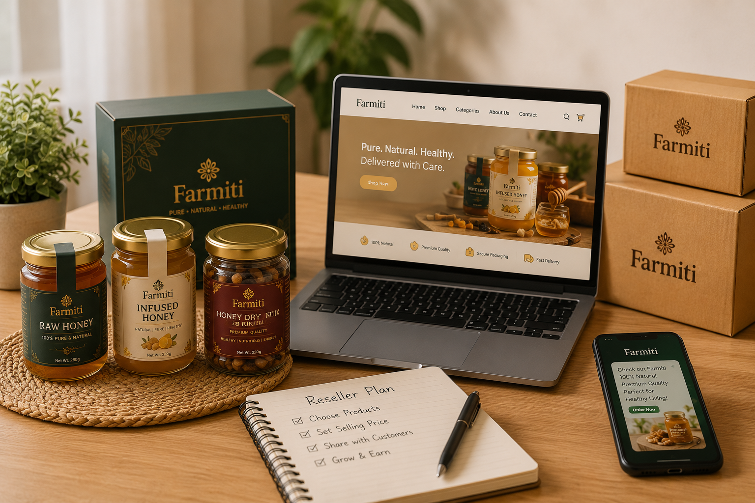 Farmiti Premium Packaging - Glass Honey Jar with wooden lid, golden honey texture, premium craft