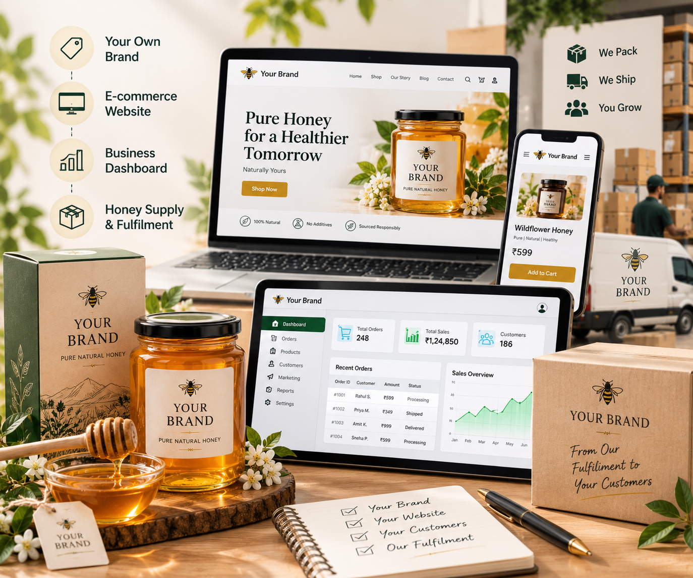 Premium honey jars with honeycomb — start your own honey brand with Farmiti